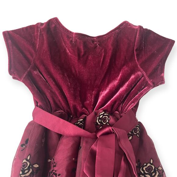 Rare Editions Velvet Floral Holiday Dress 2T Burgundy Tulle Bow Christmas Photos - Picture 7 of 13